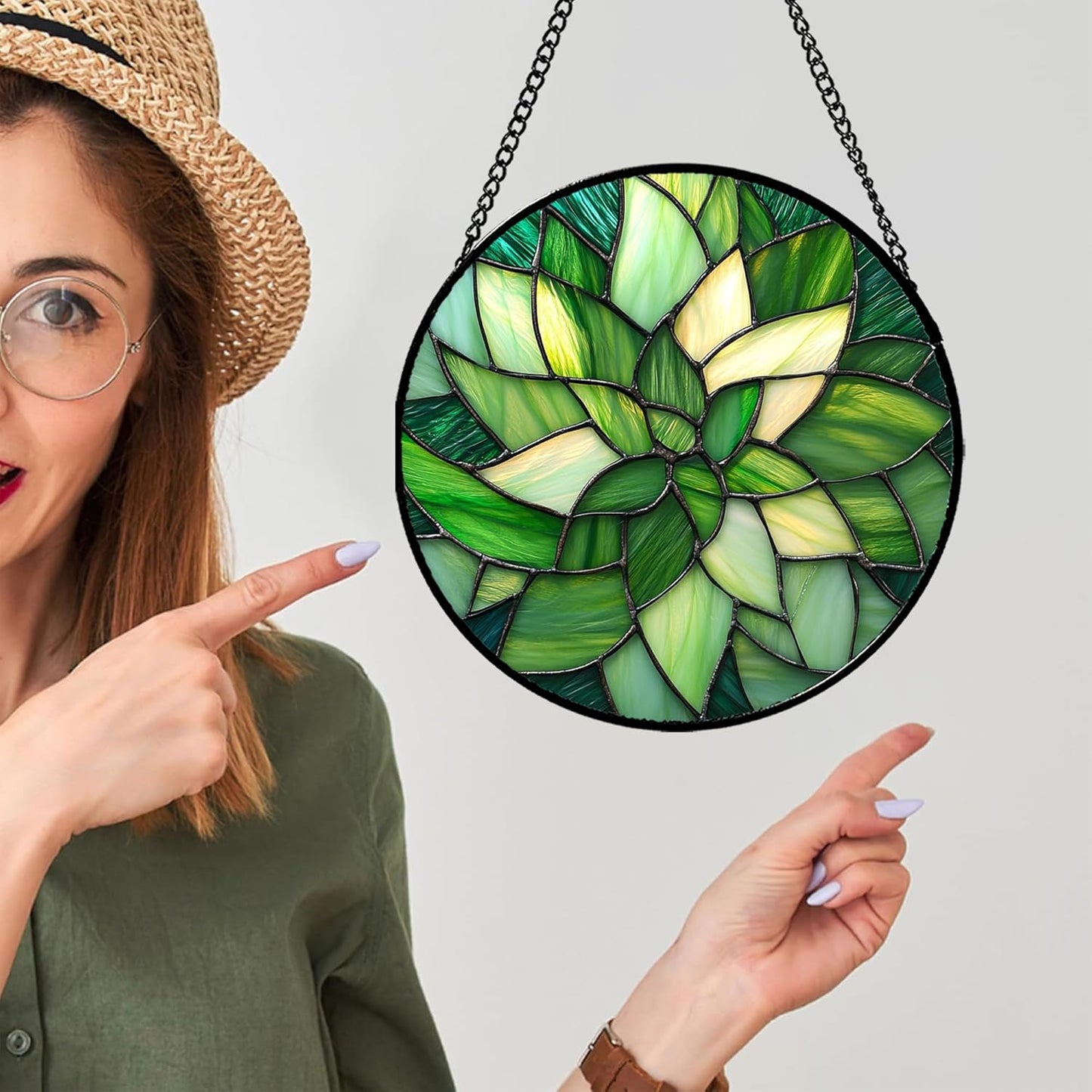 Stained Glass Window Hanging - Green Plants Suncatcher for Doors Garden Patio Flowers Sun Catchers Decor Christmas Mother's Day Birthday Gifts for Women Men Mom Nana Friend 7.8 in