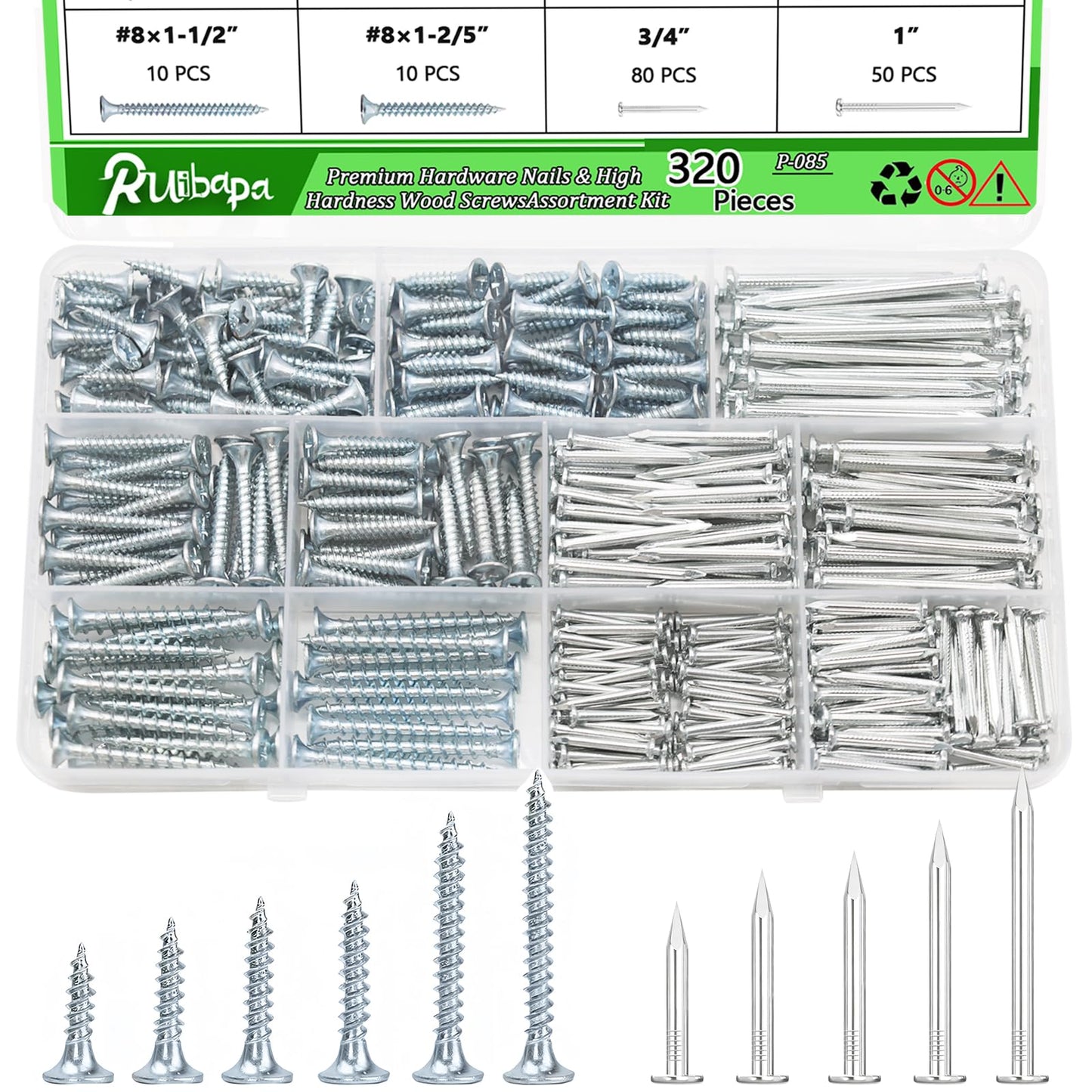 320Pcs Premium Hardware Nails & High Hardness Wood Screws Assortment Kit,11 Sizes (1/2"-2"),Phillips Drive Flat Head, Wood Screws,Galvanized,Picture Hanging,Wood,Common Nails with Storage Box