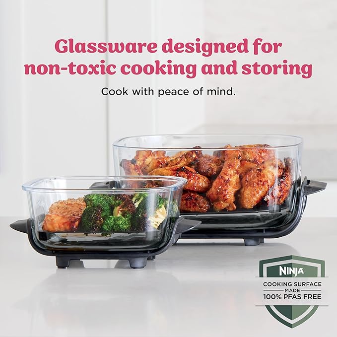 Ninja | Air Fryer | Crispi 4-in-1 Portable Cooking System | 4QT & 6 Cup Glass Containers, Crisper Plates & Storage Lids Included | Microwave, Freezer & Dishwasher Safe | Cherry Crush | FN101DR
