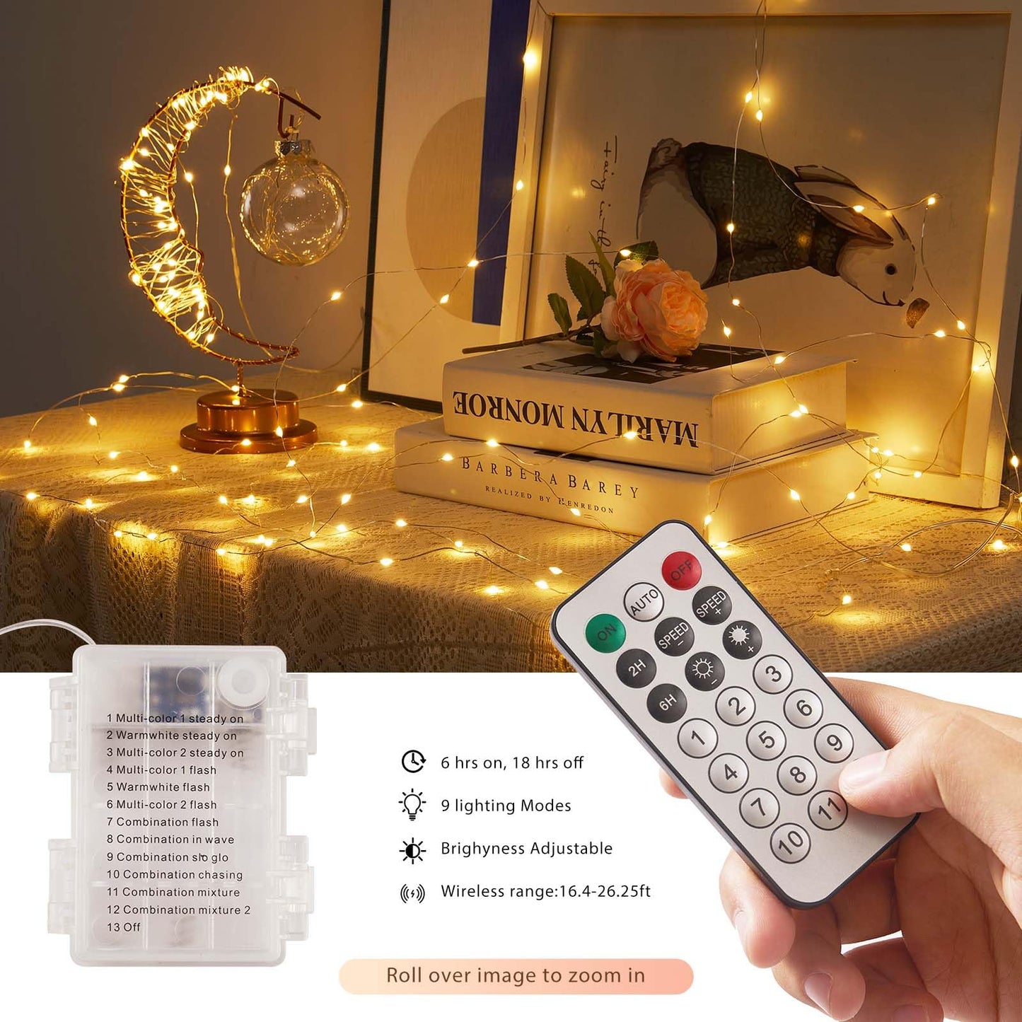 Ariceleo 50 Led Battery Operated String Lights, 5M Warm White & Multi-Color, Remote Control, Waterproof Silver Wire Fairy Lights
