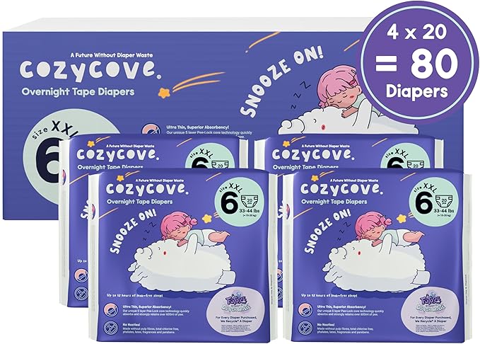Cozycove Size 6 Diapers, Snooze On Slim Overnight Tape Diapers, Size 6 (33-44 lbs), 80 Count (4 Packs of 20)