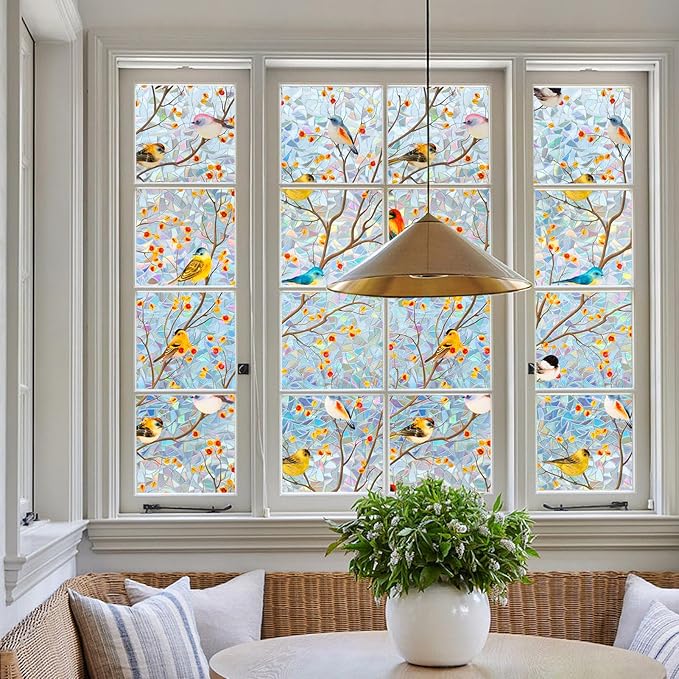 DKTIE Country Rustic Window Privacy Film Rainbow Film Decorative Window Sticker, UV2 Static Stained Glass Cling Tint for Home Heat Control Non-Adhesive (S3533, 35.4in X 118.1in)