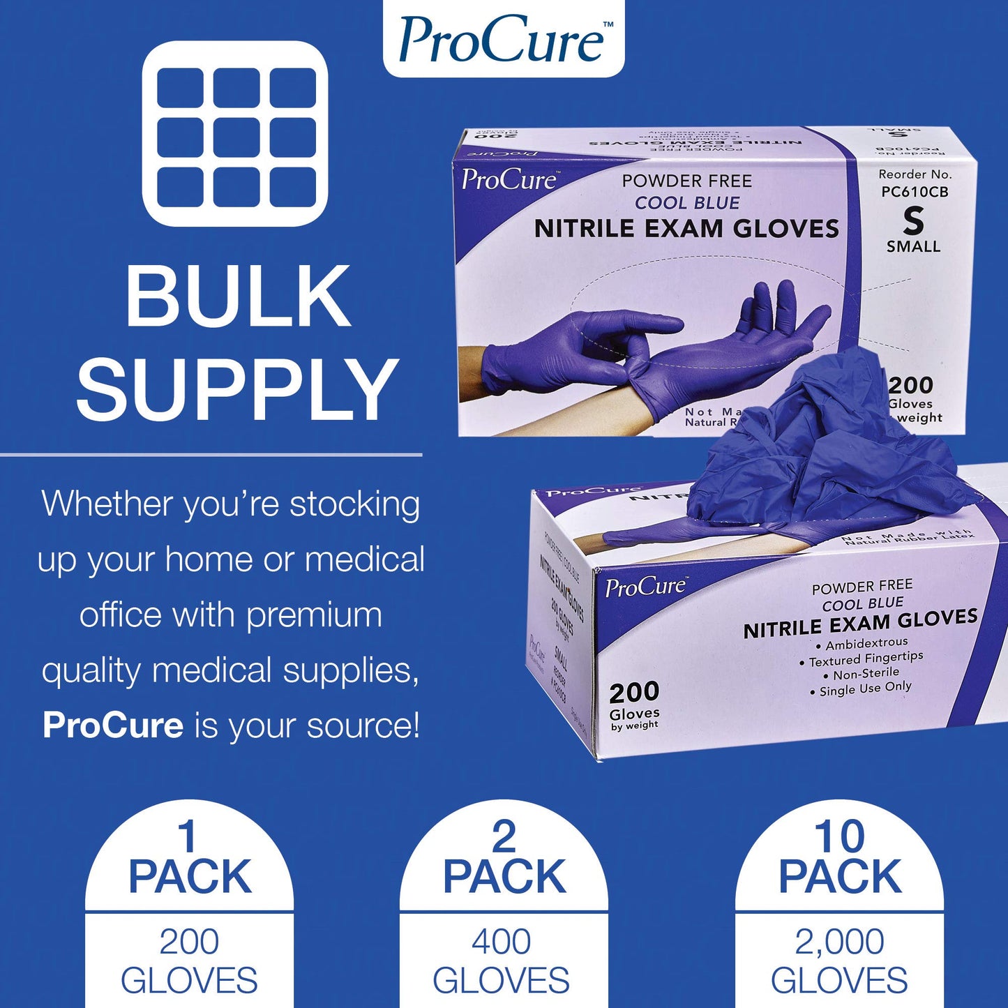 ProCure [200 Count Disposable Nitrile Gloves Large - Powder Free, Rubber Latex Free, Medical Exam Grade, Non Sterile, Ambidextrous - Soft with Textured Tips - Cool Blue