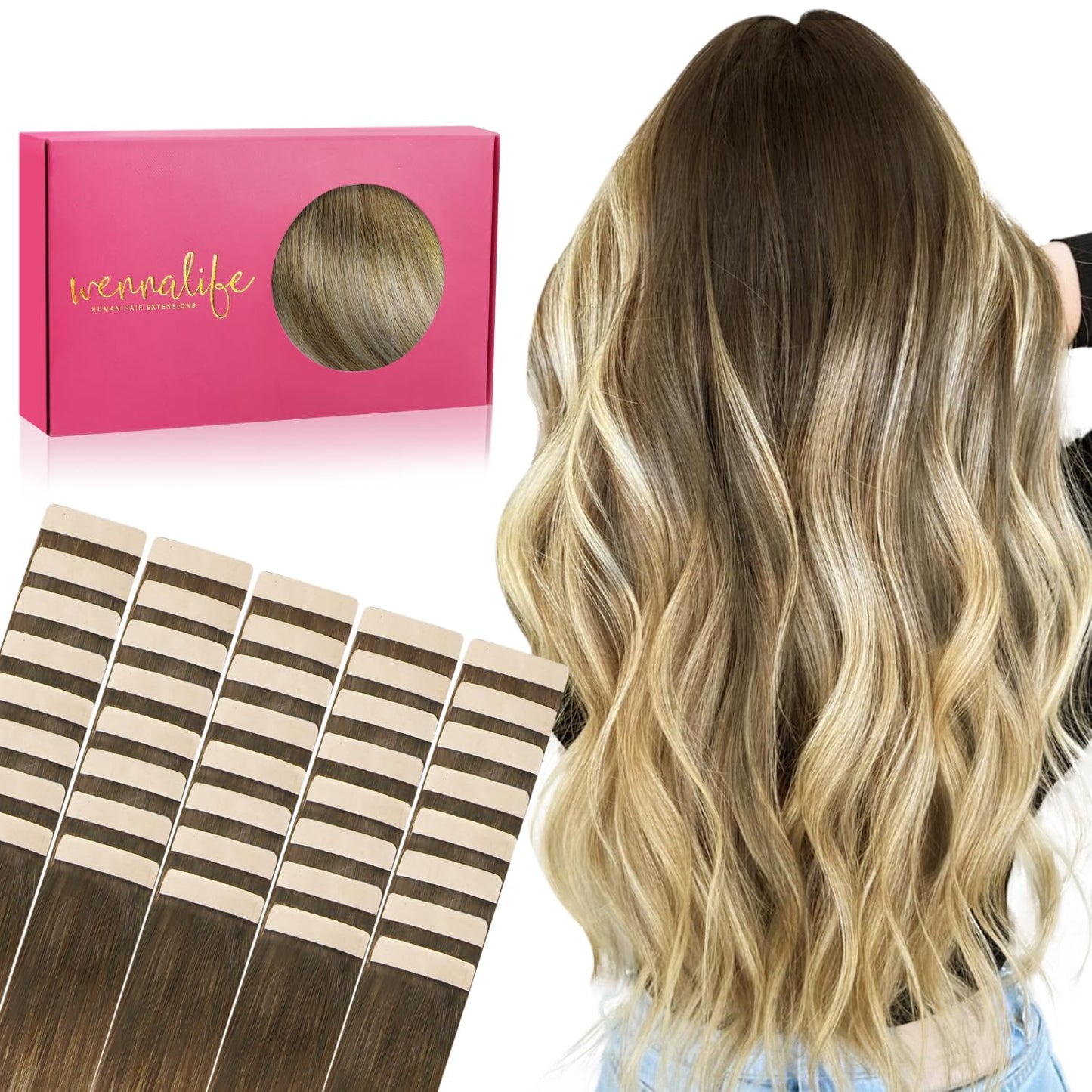 WENNALIFE Tape in Hair Extensions Human Hair, 40pcs 60g 10 inch Ombre Walnut Brown to Ash Brown and Bleach Blonde Hair Extension