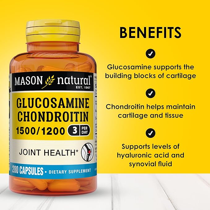 MASON NATURAL Glucosamine Chondroitin 1500/1200 3 Per Day with Vitamin C - Supports Joint Health, Improved Flexibility and Mobility*, 280 Capsules
