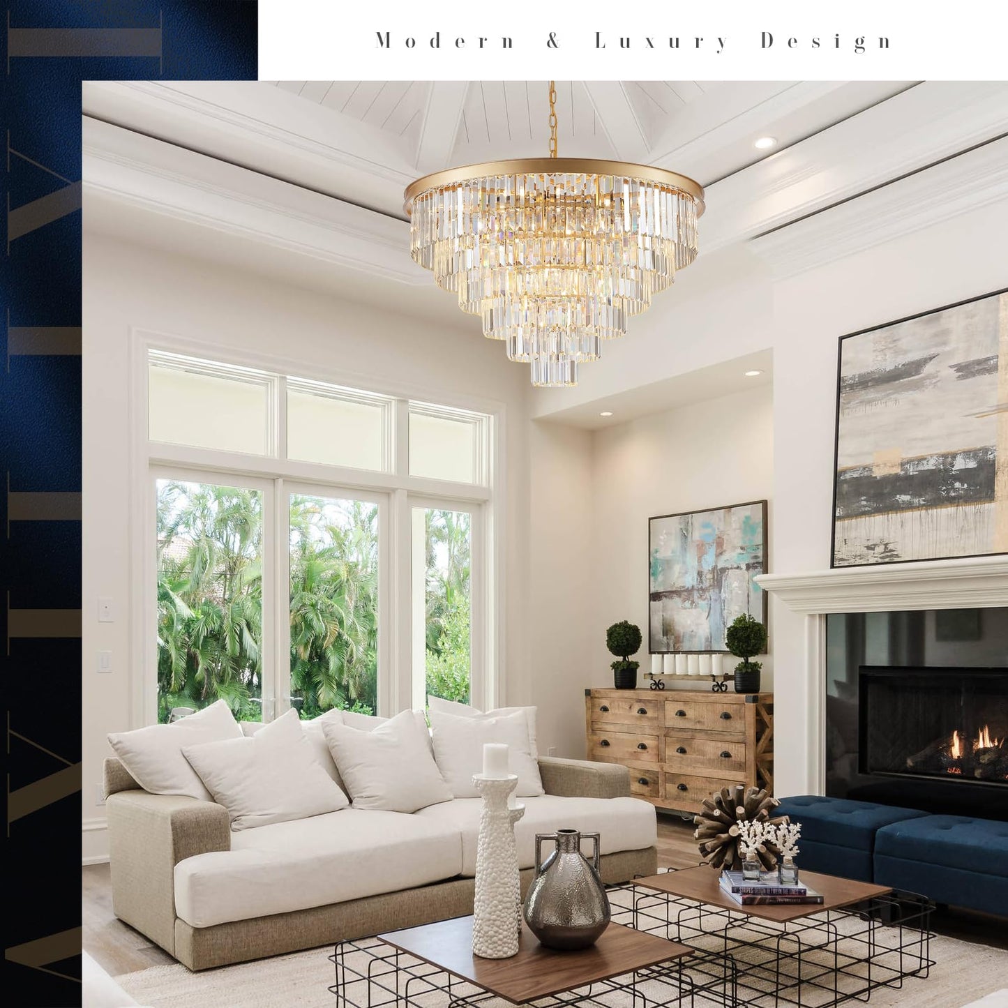 A AXILIXI Modern Gold Crystal Chandelier 35in  5-Tier K9 Metal Light Fixture for High Ceilings, Staircase, Entry, Living Room, Model DH88318