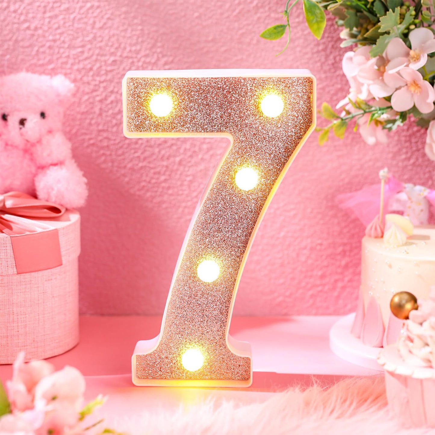 Treela 8.7 Birthday Decorative Led Light Up Numbers  Glitter Marquee Number Sign For Night Birthday Party Decorations Anniversary Bar Led Sign Backdrop Wall Table Centerpieces(Number 7 Rose Gold)