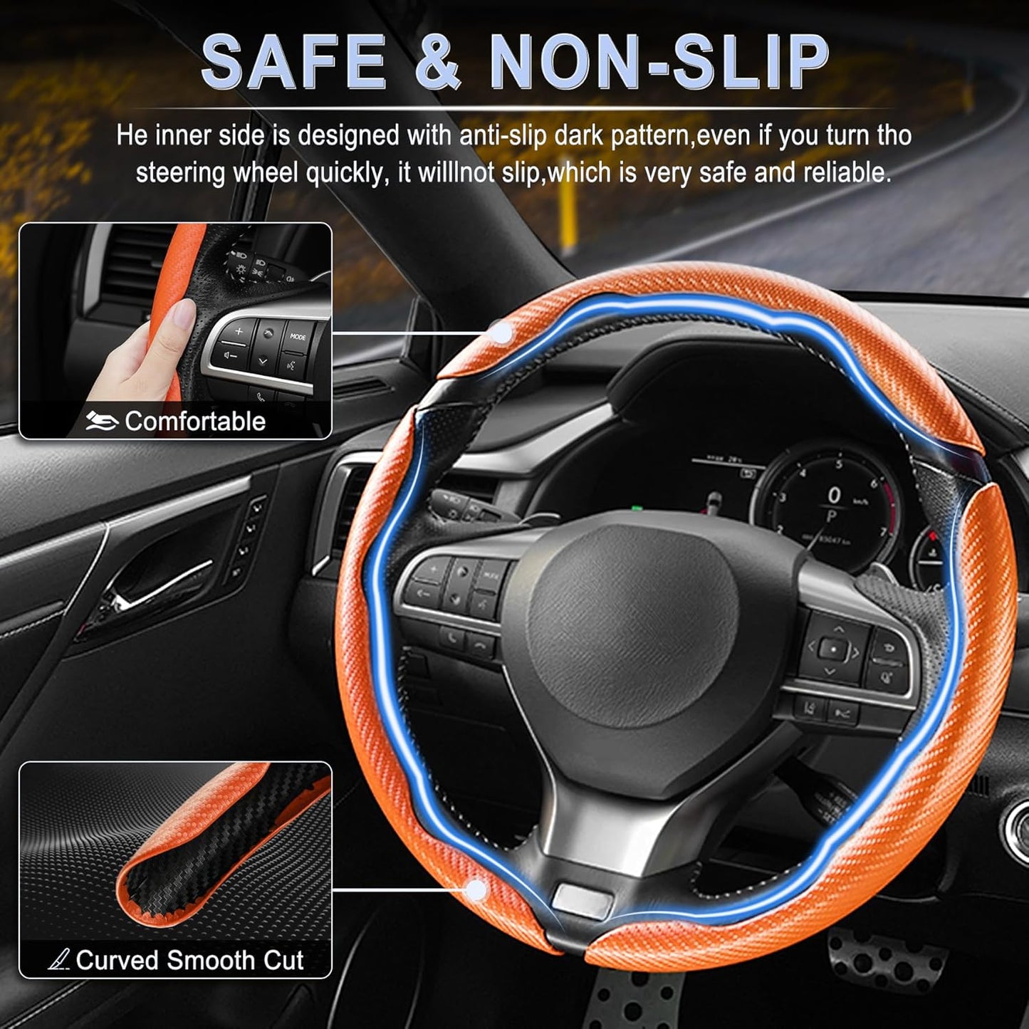 Amiss 3pcs Carbon Fiber Anti-Skid Steering Wheel Cover, Segmented & Butterfly Design, Universal 99% Car Wheel Cover Protector, Orange