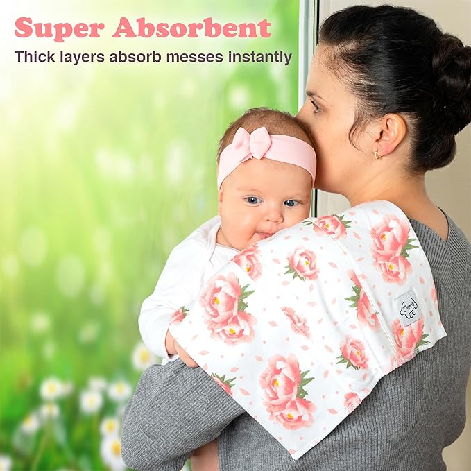 Baby Burp Cloths for Boys and Girls - 3 Pack Large 100% Cotton - Double Layered Extra Absorbent Burp Rags, Floral