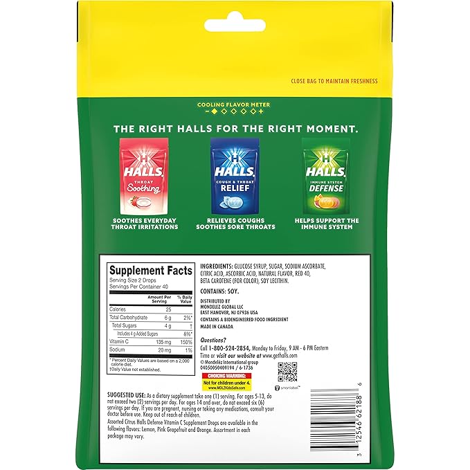 HALLS Defense Assorted Citrus Vitamin C Drops, Dietary Supplement Drops, Economy Pack, 12 Bags (960 Total Drops)