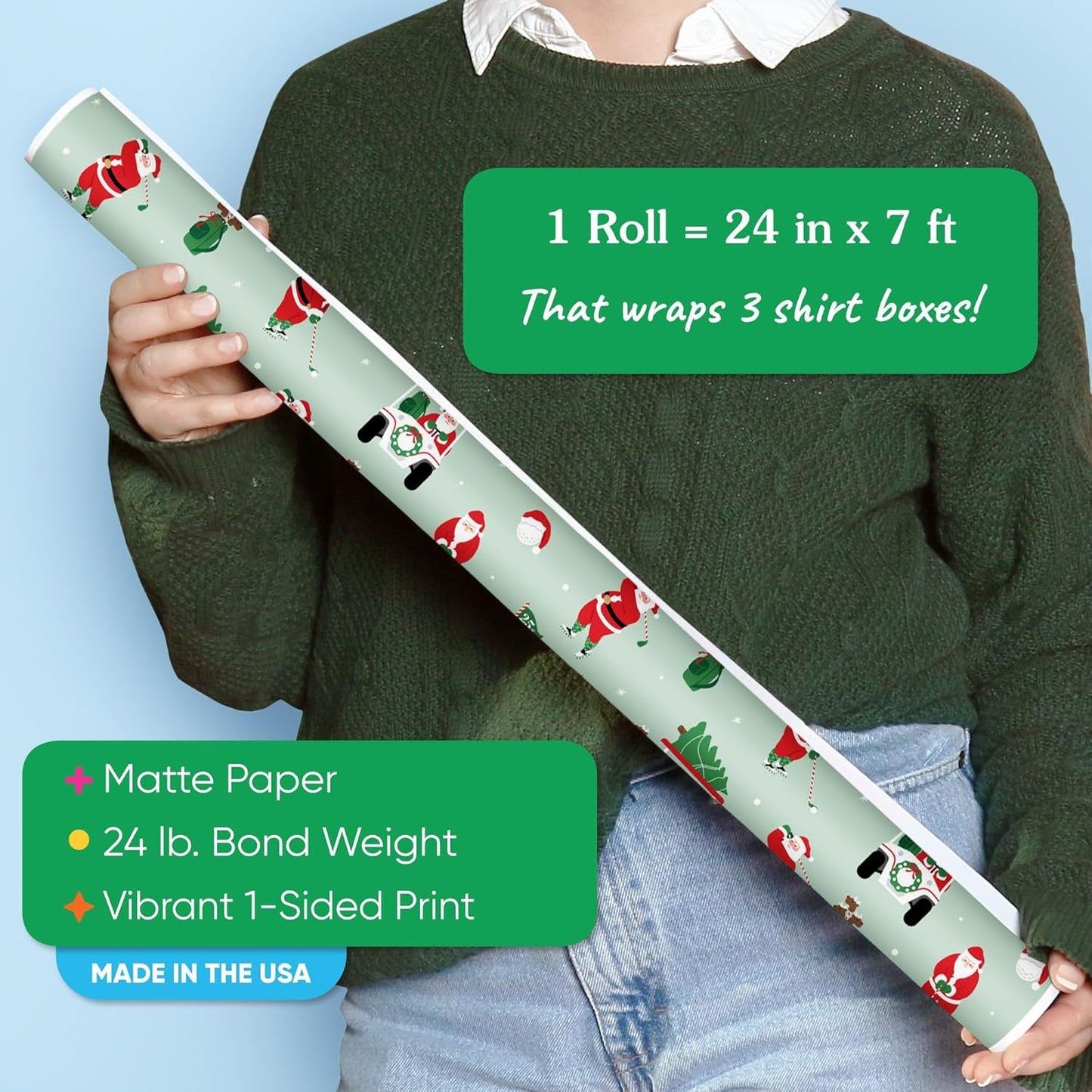 Big Dot of Happiness Golfing Santa Wrapping Paper, Golf Christmas Holiday Gift Wrap Roll, Funny Santa Christmas Gift Paper, 24 in x 7 feet, 1 Roll