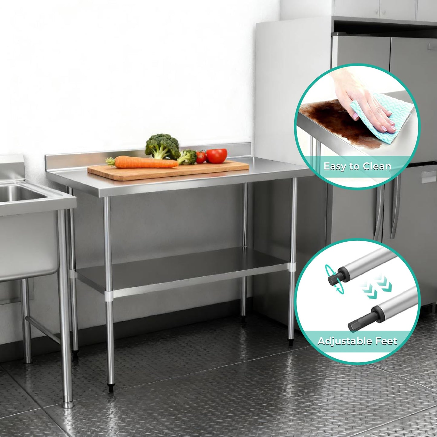 okeyolive Stainless Steel Work Table 18 x 48 Inch, NSF Commercial Prep Table with Undershelf, Heavy Duty Food Prep Workstation with Backsplash