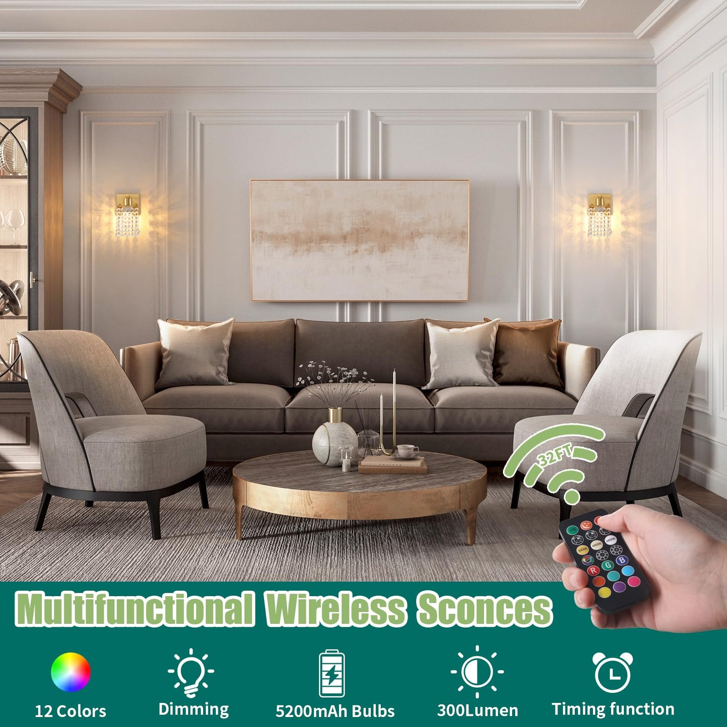 Shenmoyl Crystal Wall Sconce Set of 2, Rechargeable 5200mAh Battery, Remote Control, Dimmable Wireless Lights, Clear-Gold Base
