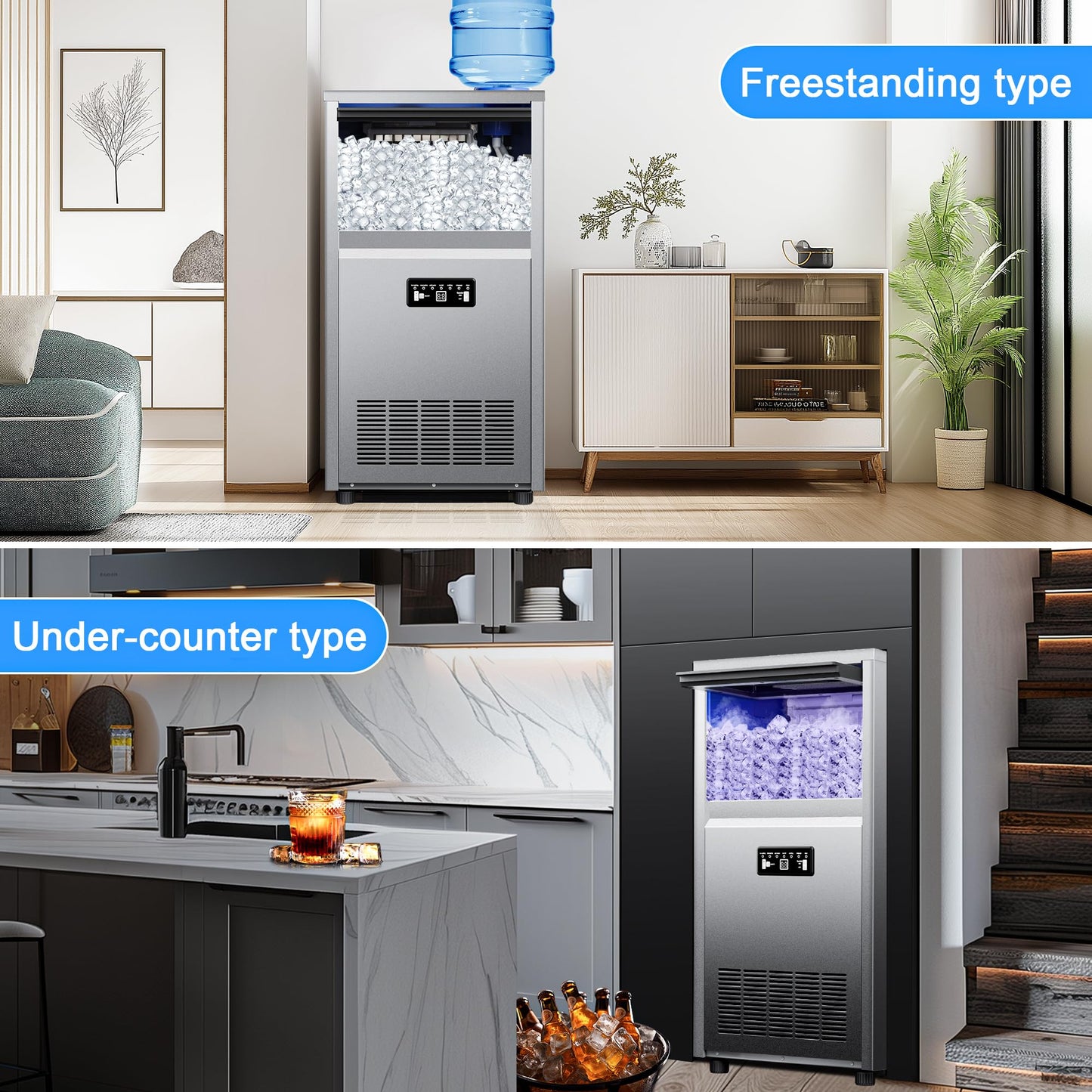 Ice Maker Commercial Ice Maker Machine 150lbs/24H with 30lbs Storage, Stainless Steel Undercounter/Freestanding Ice Machine 50Ice/Cycle 2 Water Inlet Modes Self-Cleaning for Homes Restaurants Bars
