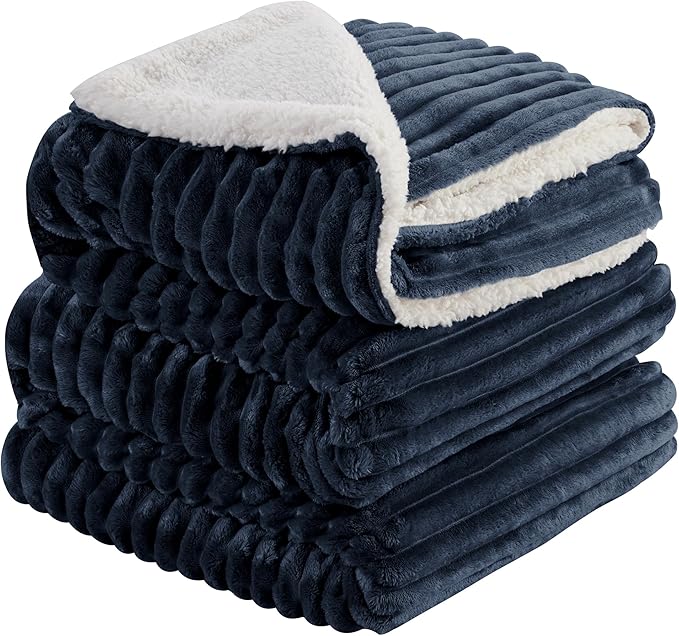INFIIXSO Sherpa Fleece Queen Size Blanket - Super Soft & Warm Striped Fleece, Cozy Plush Fluffy Large Bed Blanket All Season Use (Navy Blue, 90x90 Inches)