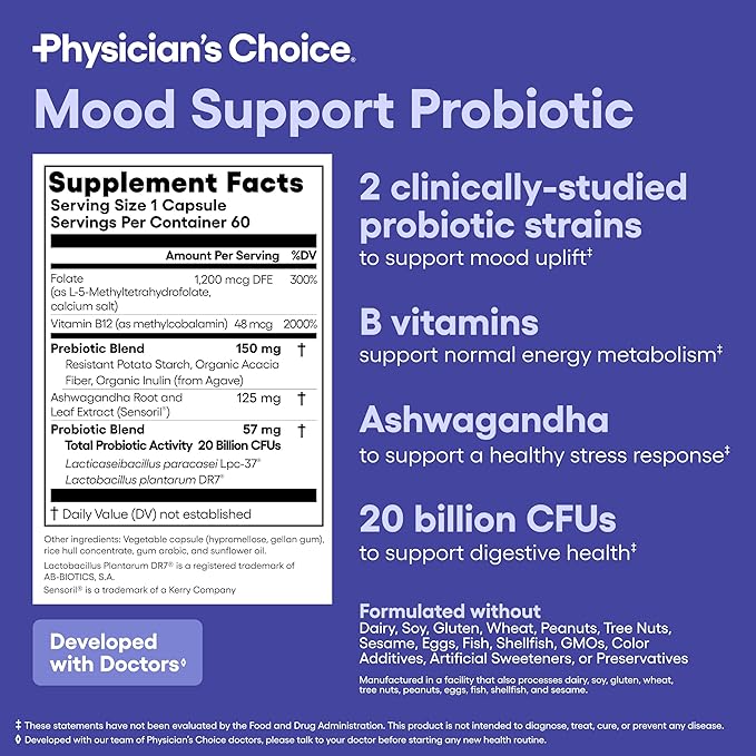 Physician's CHOICE Mood Support Probiotic - Supports a Balanced Mood, Healthy Stress Response & Digestive Health with Prebiotics, Ashwagandha, Vitamin B12, Folate - for Men & Women - 60ct 2-Pack
