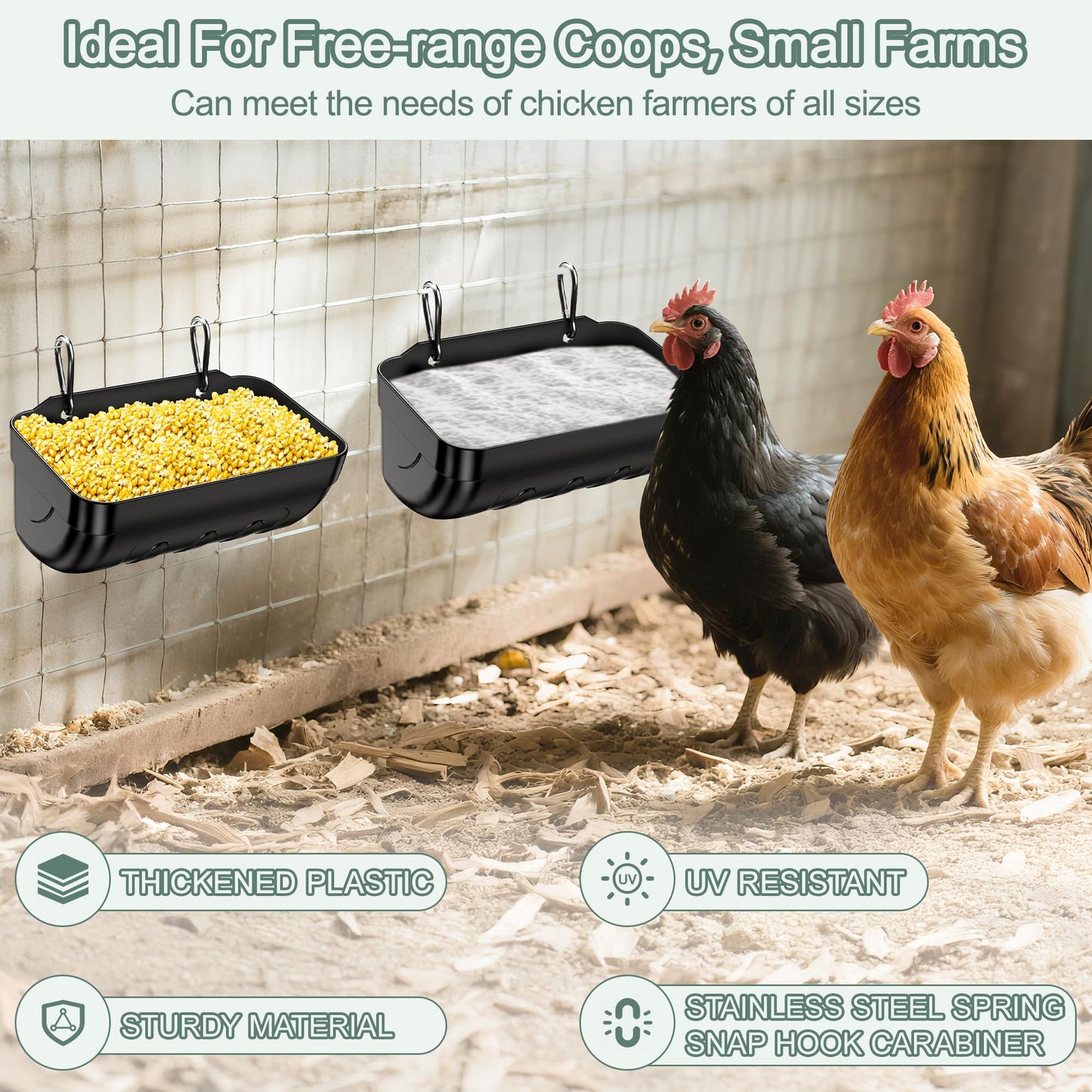 Tiflev Goat Feeders Hanging 6 Pack 3.5 Quart, Chicken Waterer Feeder Trough for Poultry Livestock Black