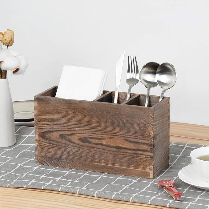 WuGeShop 4 Compartment Wooden Utensil Holder Organizer for Kitchen Countertop Organizer and Cooking Tools Storage