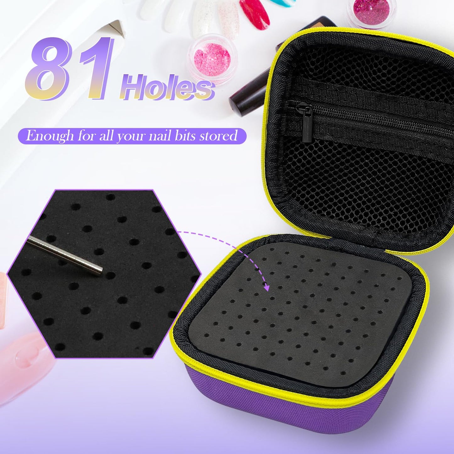 81 Holes Nail Drill Bit Holder, Nail Bits Display Container, Dustproof Portable Organizer Storage Bag, Efile Nail Bits Professio