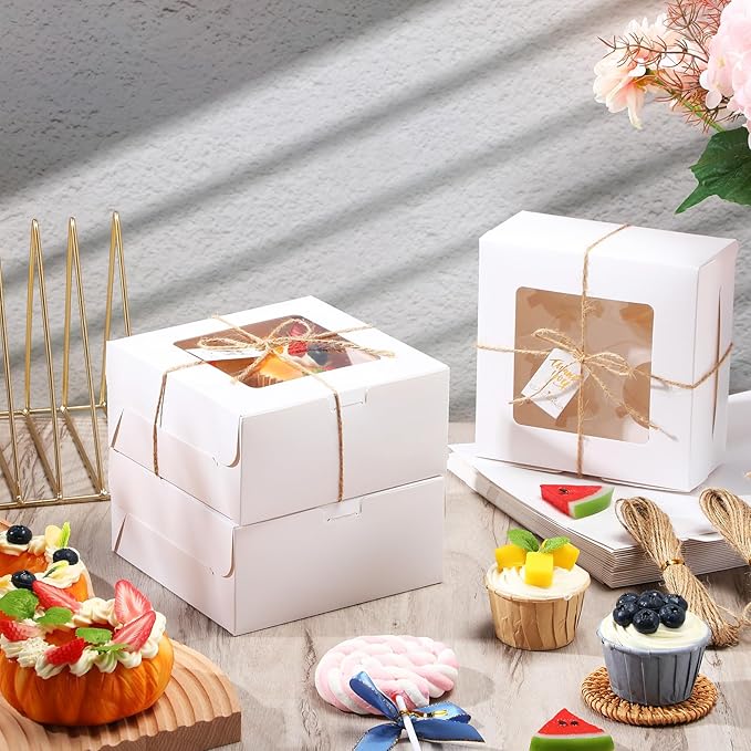 36 Pack Cupcake Boxes Hold 4 Count Christmas Disposable Cupcake Containers with Window and Cake Carrier with Thanks Card and Jute Rope to Muffins Cupcakes Cookies Gift Wrapping (White)