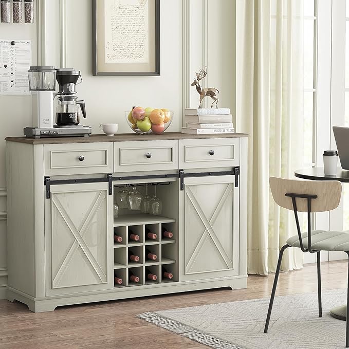 Farmhouse Wine Bar Cabinet with Storage, Liquor Cabinet with Rack for Inside Cabinet, Coffee Bar Cabinet with Sliding Barn Door, Buffet Table for Kitchen, Living Room, 54 Inch (Antique White)