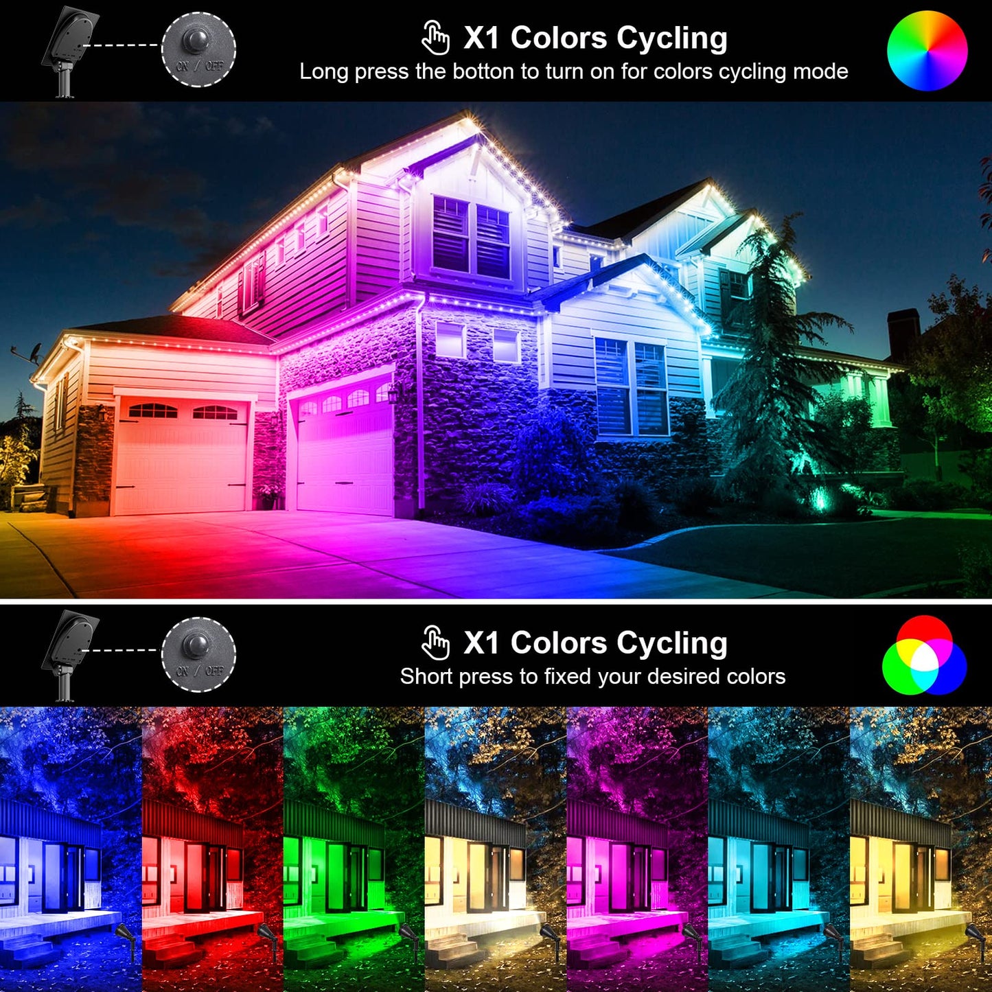 T-SUNUS Solar Landscape Spotlights, Color Changing, 2 Pack, Waterproof, Model TS-G0102-7C, Multicolor