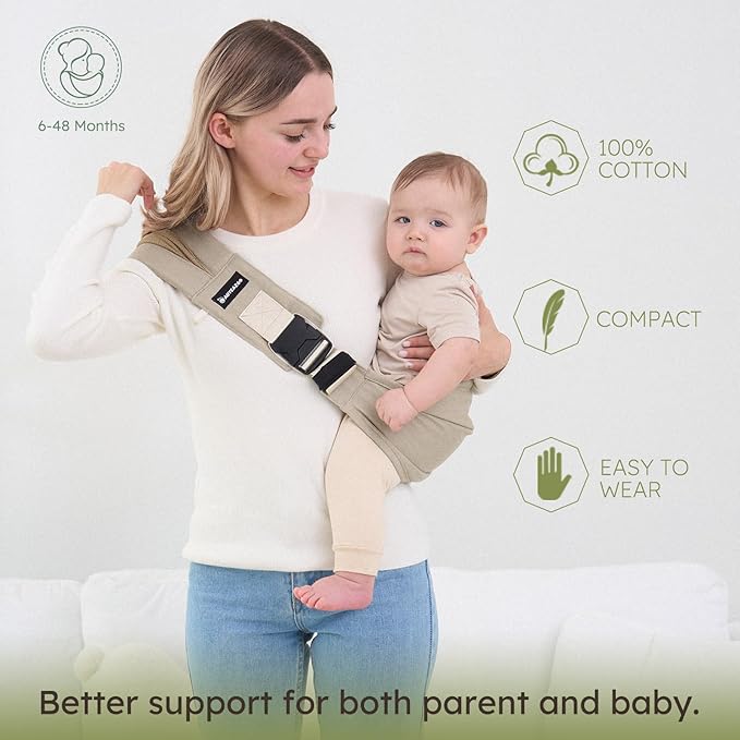 Toddler Sling Carrier - Premium Cotton, Expandable & Ergonomic, One Size Fits All, Ideal for 6-48 Months (11-44 lbs), Compact & Easy to Use, One-Hand-Free, Beige