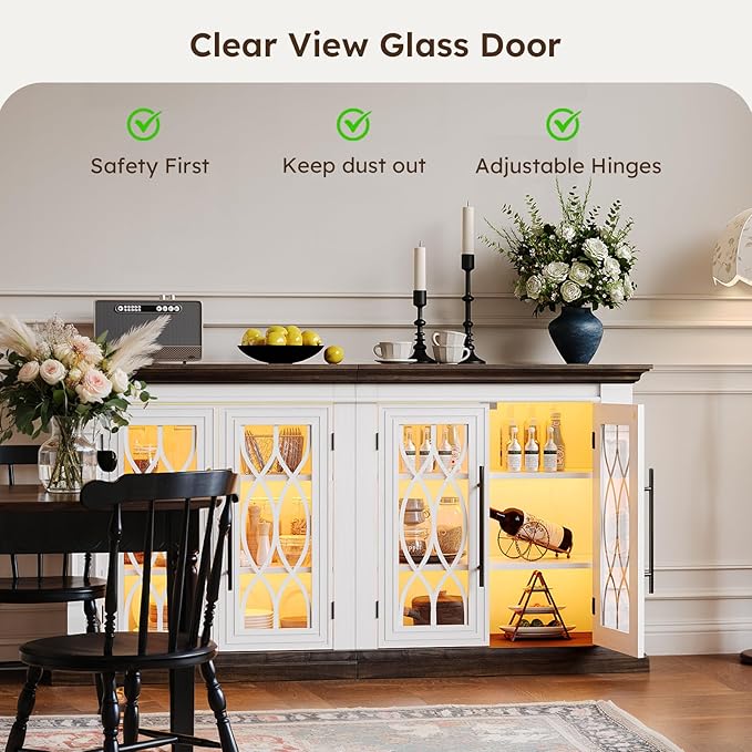 60 inch Farmhouse Buffet Sideboard Cabinet with 4 Glass Doors, Coffee Wine Bar Storage Cabinet with LED Lights, Buffet Table with Adjustable Shelves for Dining Room, Kitchen, Living Room