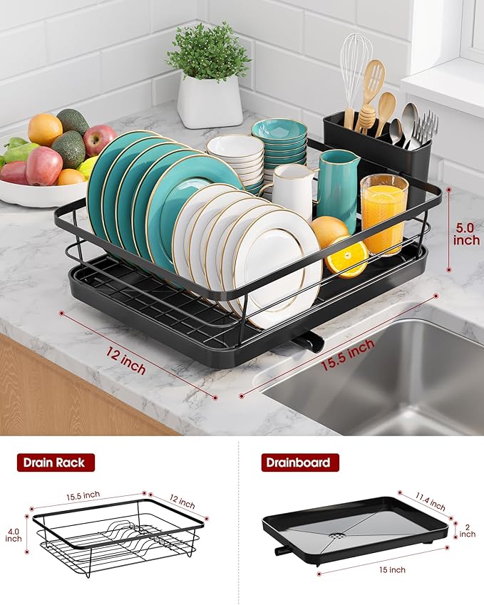 Stainless Steel Dish Drying Rack for Kitchen Counter, Sink Organization and Storage Essentials with Silverware & Utensil Holder, Home and Apartment Decor, 12''W x 15.5''L, Black