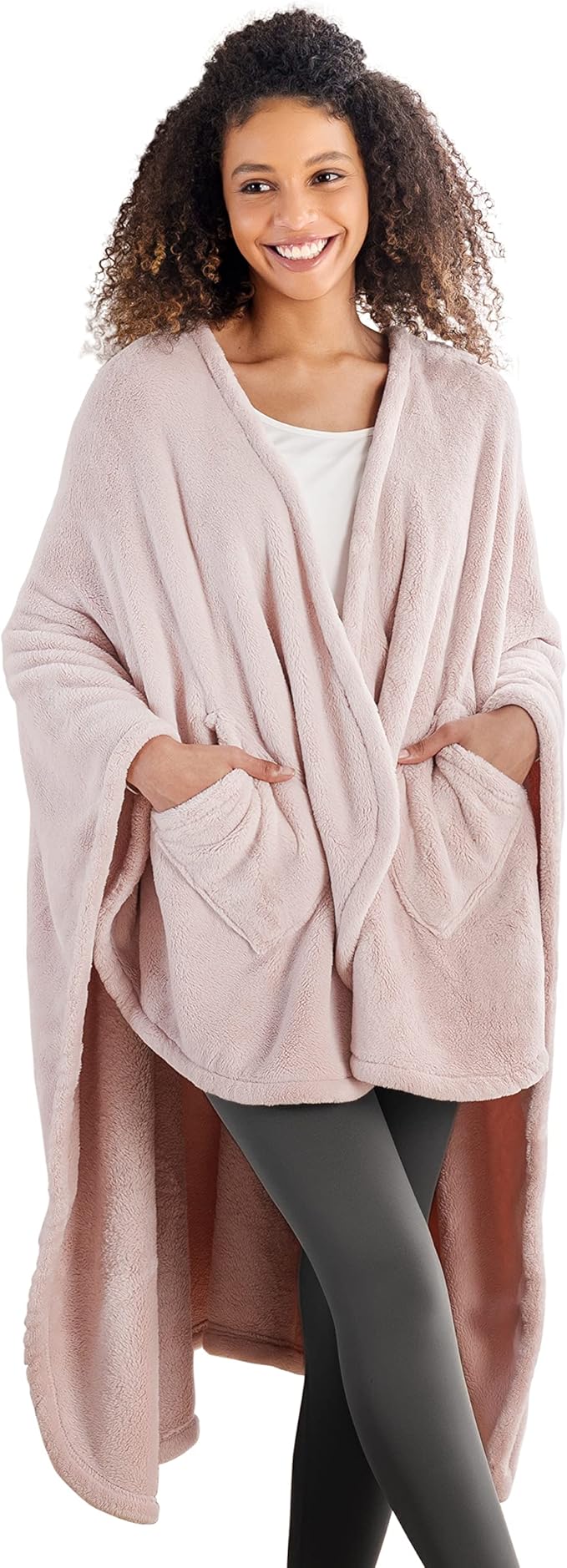 Berkshire Blanket Primalush™ Wearable Blanket, Cozy Loungewear Pocketed Plush Cape Wrap for Adults &Teens(Pink, One Size 5...
