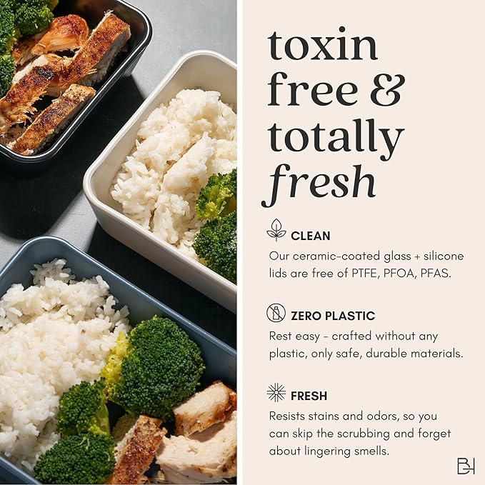 Ceramic Coated Glass Food Storage Container | No PTFE, PFOA, PFAS, and BPA | Reusable Non Toxic Meal Prep Container with Glass Lid | Easy To Store | 3 Cup Rectangle [Willow]