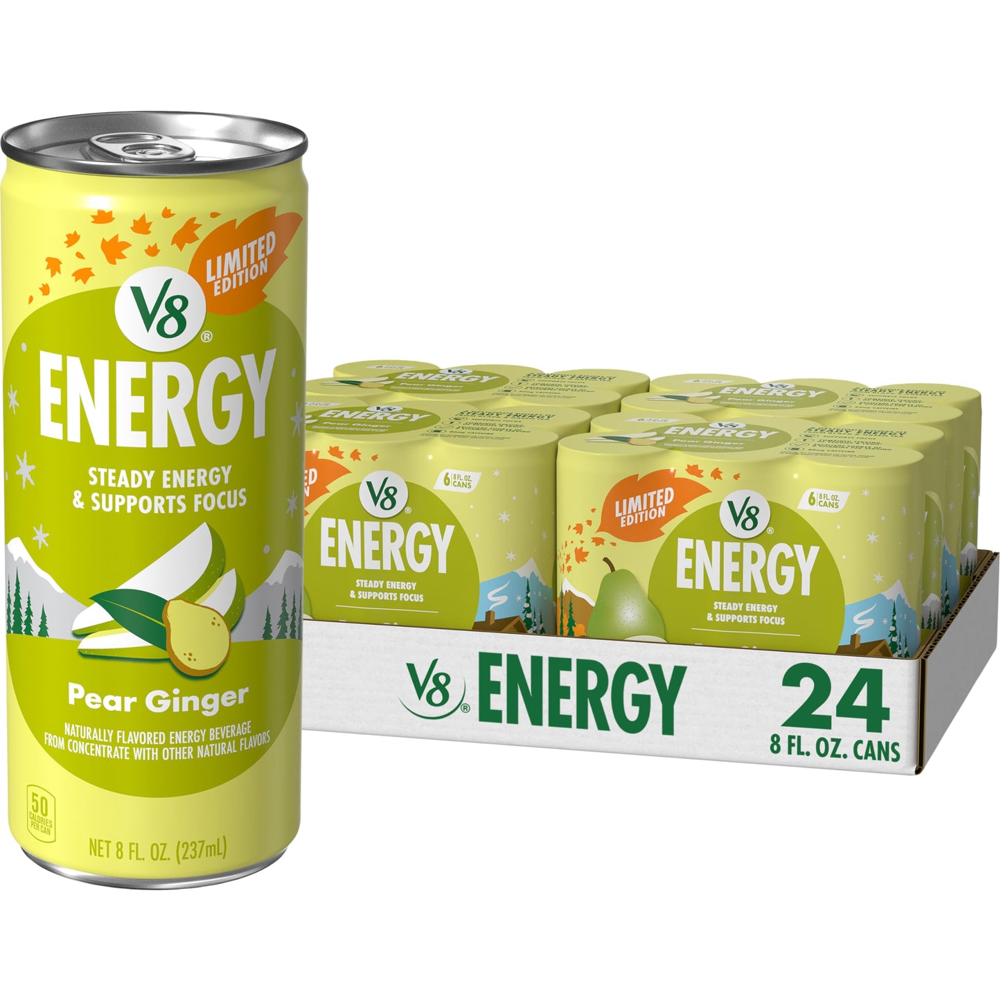 V8 Energy Pear Ginger Drink, Pack of 24 (8 fl oz) – Refreshing Energy Boost in Convenient Cans