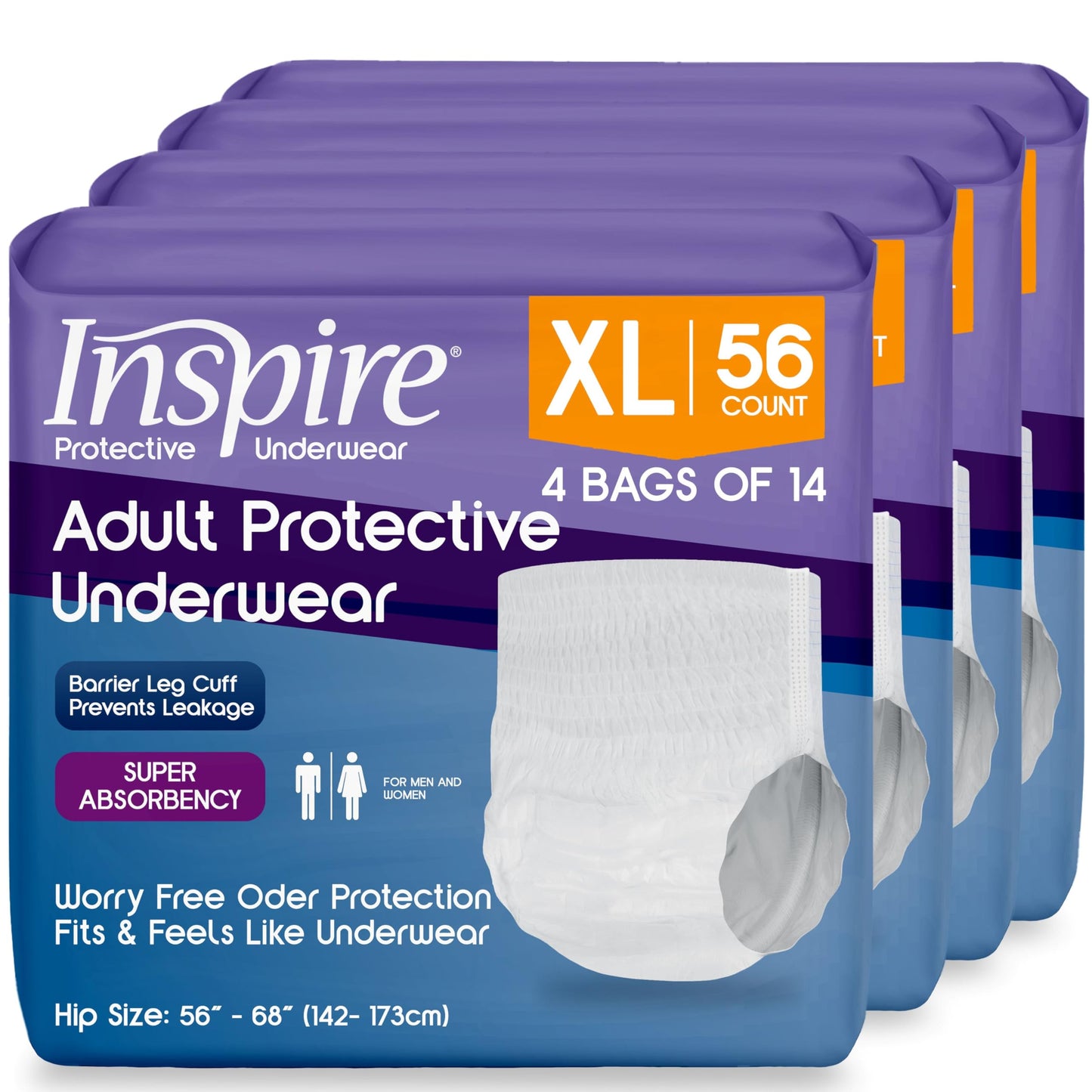 Inspire Protective Underwear for Men and Women with Incontinence | Adult Diapers | Disposable Underwear for Adults | Adult Pull Ups - 4 Bags of 14 | 56 Total (Extra Large)