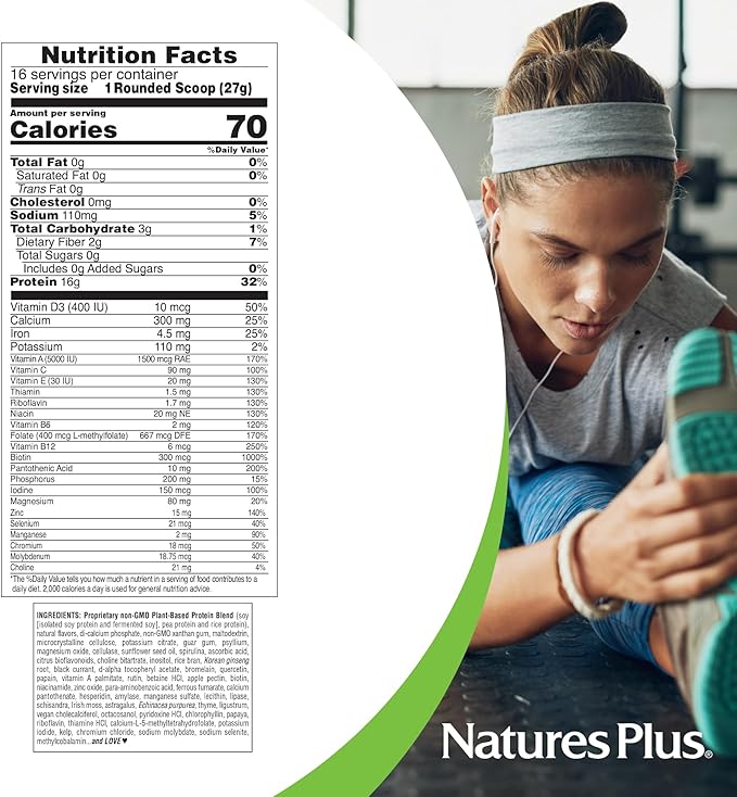 NaturesPlus Energy Shake - 0.95 lb - 16 Grams of Plant-Based Protein Per Serving - Contains Digestion-Supporting Enzymes - No Added Sugar - Non-GMO, Vegetarian, Gluten Free - 16 Servings
