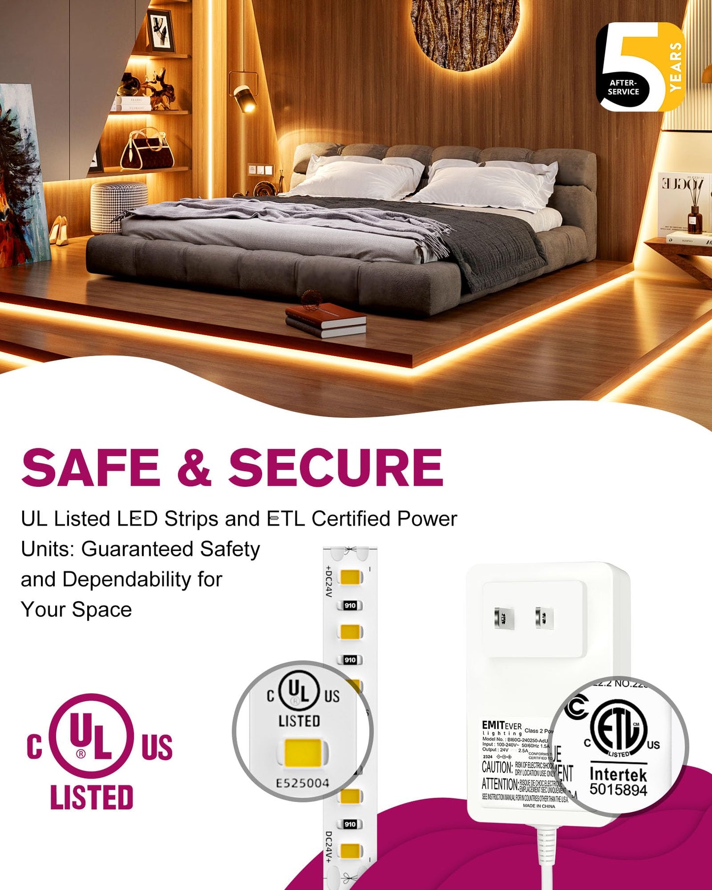 Emitever Led Strip Lights Kit Warm White With Remote & 24V Power Supply 16.4Ft Dimmable Tape Light 2700K  High Density 600Leds  240+Lm/Ft  Cri95+  Suitable For Bedroom Kitchen Under Cabinet Lighting