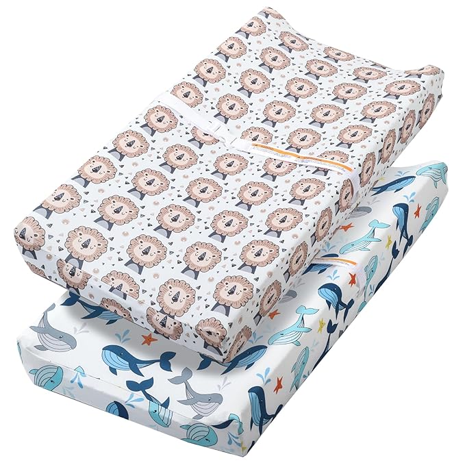 Changing Table Pad Cover Elastic Changing Pad Cover Premium Baby Changing Pad Cover 2 Pack for Boys Girls Soft and Comfortable (The Whale and The Lion)