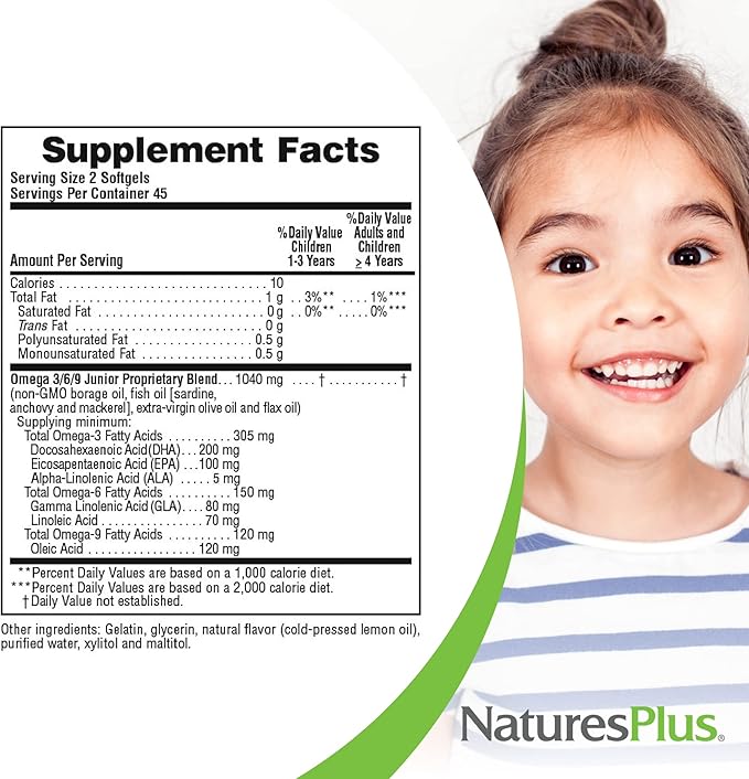 Natures Plus Animal Parade Omega 3/6/9 Junior, Lemon Flavor - 90 Softgels - Promotes Children's Immune, Skin, Eye & Nervous System Health - Non-GMO, Gluten Free - 45 Servings
