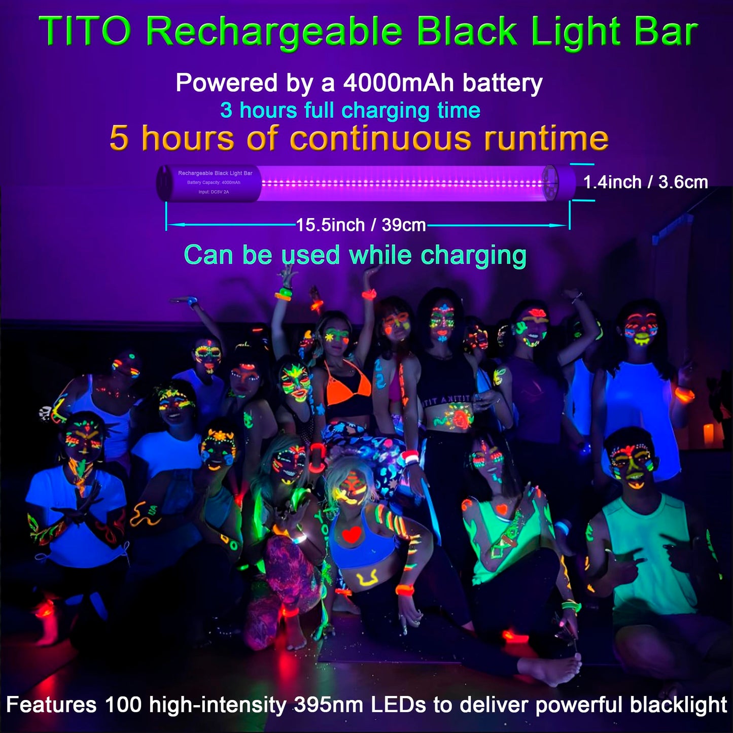 TITO Rechargeable Black Light Bar, UVA 395nm, Waterproof, Portable, 2 Pack, Fluorescent, Model TITO-BL-T10R