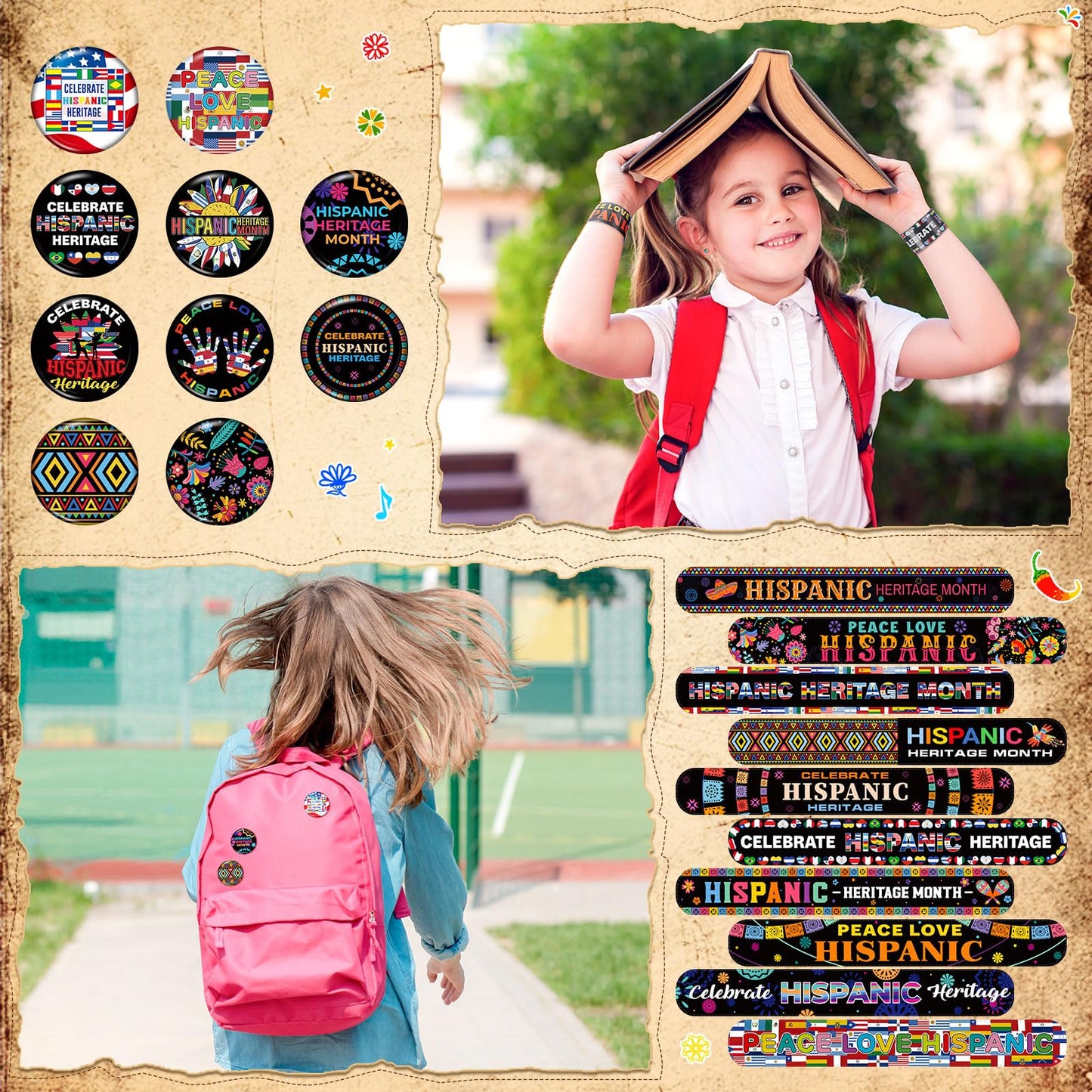 Frienda 60 Pcs Hispanic Heritage Month Party Favors Spanish Latin American Slap Bracelets and Badge Pins for National Hispanic H