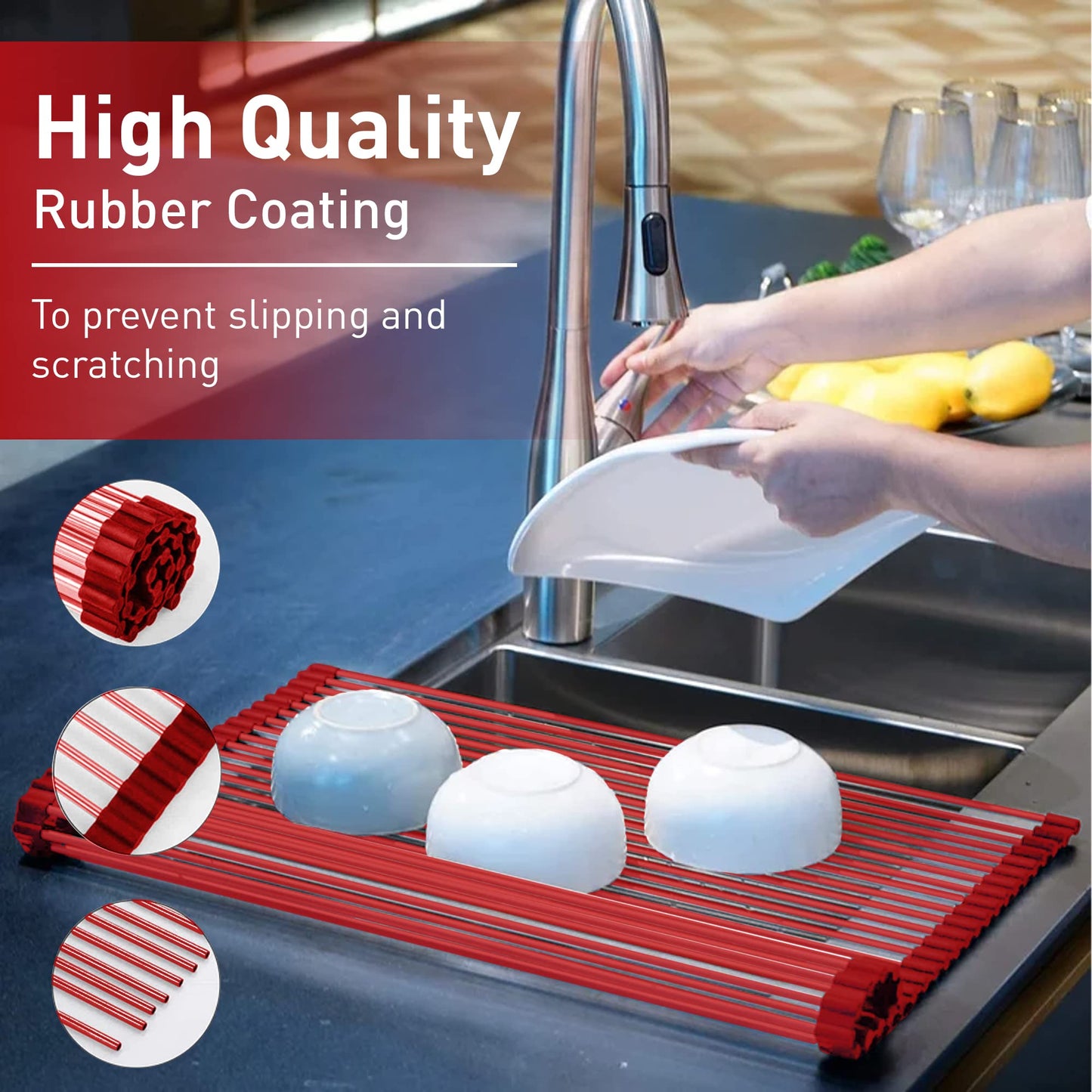 Bellemain Over Sink Dish Drying Rack, Dish Drying Mat | Collapsible Dish Drying Rack for Kitchen Counter, Heat Resistant Stainless Steel & Silicone Drying Rack, Dish Drainer (Red, Medium)