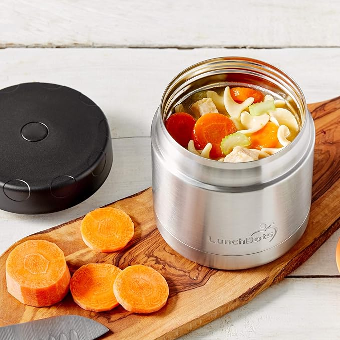 LunchBots 16oz Thermo Stainless Steel Wide Mouth - Insulated Thermo With Vented Lid - Keeps Food Hot or Cold for Hours - Leak-Proof Portable Thermal Food Jar is Ideal for Soup - 16 ounce - Black
