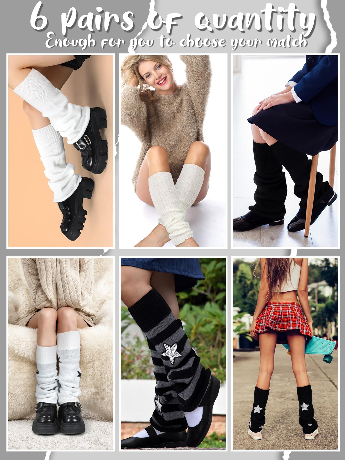 Geyoga 6 Pairs Y2k Accessories Harajuku Winter Leg Warmers Girls Gyaru Japan Kawaii Leg Warmers Goth Lolita Knit Boot Socks(Gyaru Style)
