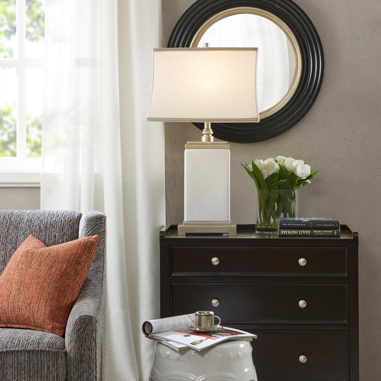 Hampton Hill Colette Table Lamp, Ceramic, Antiqued Silver Accent, 29.5in H, Ivory, Model MPS153-0025