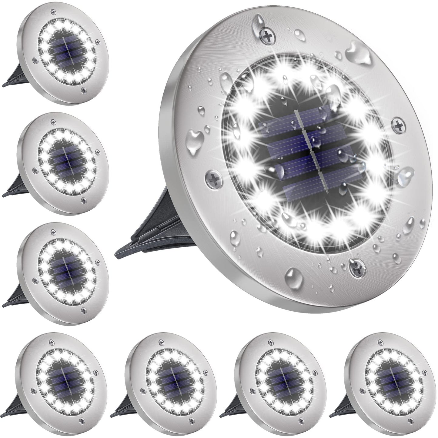 Nfesolar Solar Ground Lights - 16 Led Waterproof Disk Lights, 8 Pack, White For Pathway, Garden, Yard, Lawn, Driveway