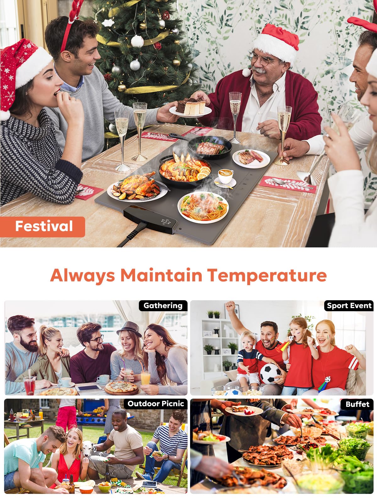 Food Warming Mat, FZF Electric Warming Tray with 9 Adjustable Temperature Level, Safety Child Lock and 2-12H Auto-Off Timer, Silicone Food Warming Mat for Countertop, Parties, Gatherings, Everyday Use