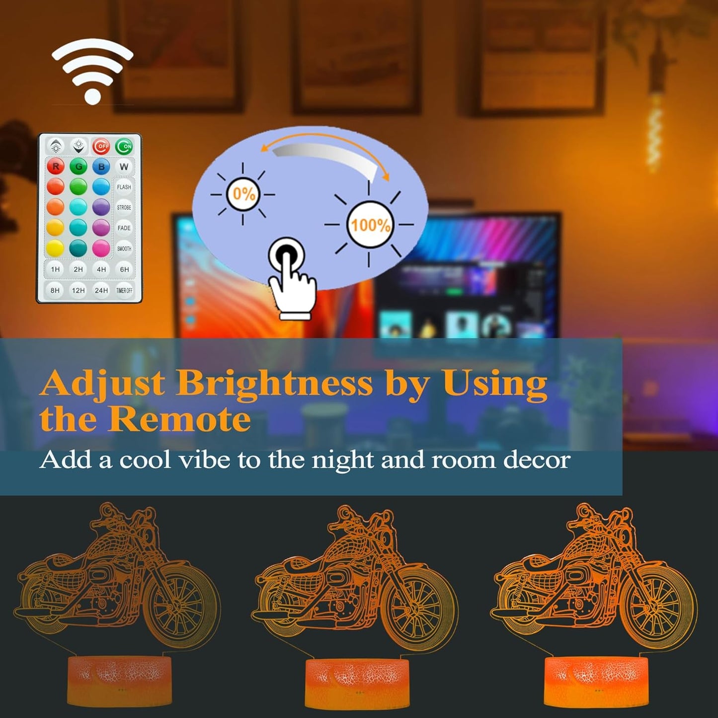 Motorcycle Gifts, Motorcycle Night Light, Motorbike 3D Illusion Lamp, 16 Colors Changing, Timer, 4 Flash Modes and Dimmable，LED, Kids Room Decoration, Xmas Birthday Gifts