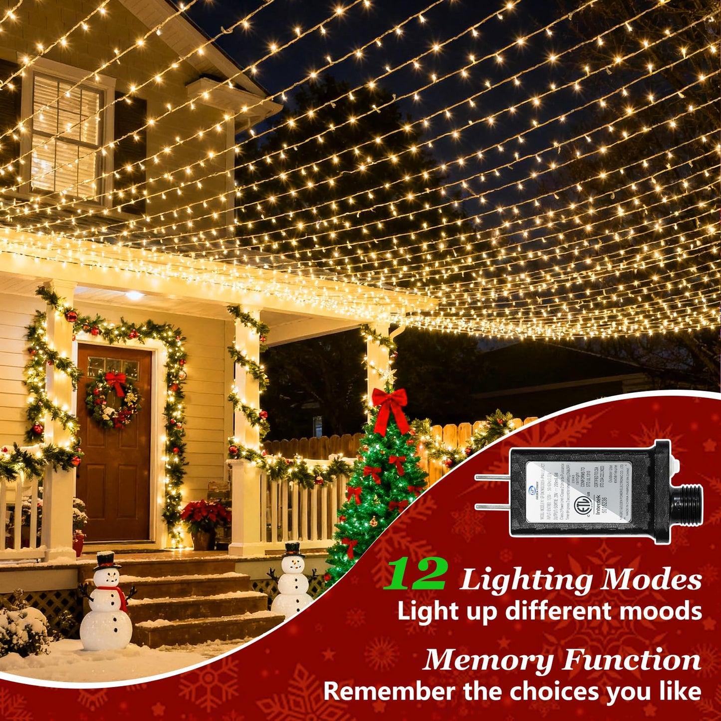 750 Led Christmas String Lights Outdoor  240Ft Twinkle Fairy Lights With Timer & Memory  12 Modes Dimmable Waterproof Tree Light For House Patio Wedding Party Christmas Decororations  Warm White