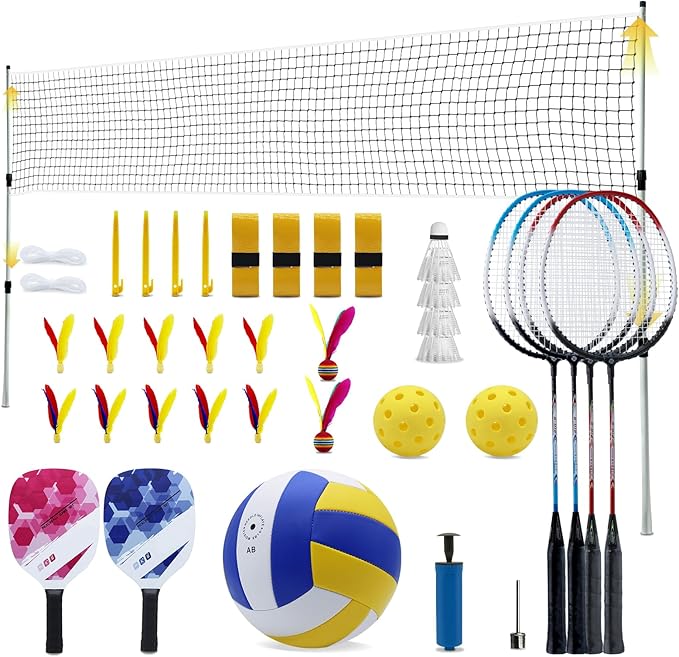 ZHUOKECE Outdoor Volleyball and Badminton Combo Set, Official Size 5 Volleyballs and Badminton Rackets Set of 5 for Outdoo...