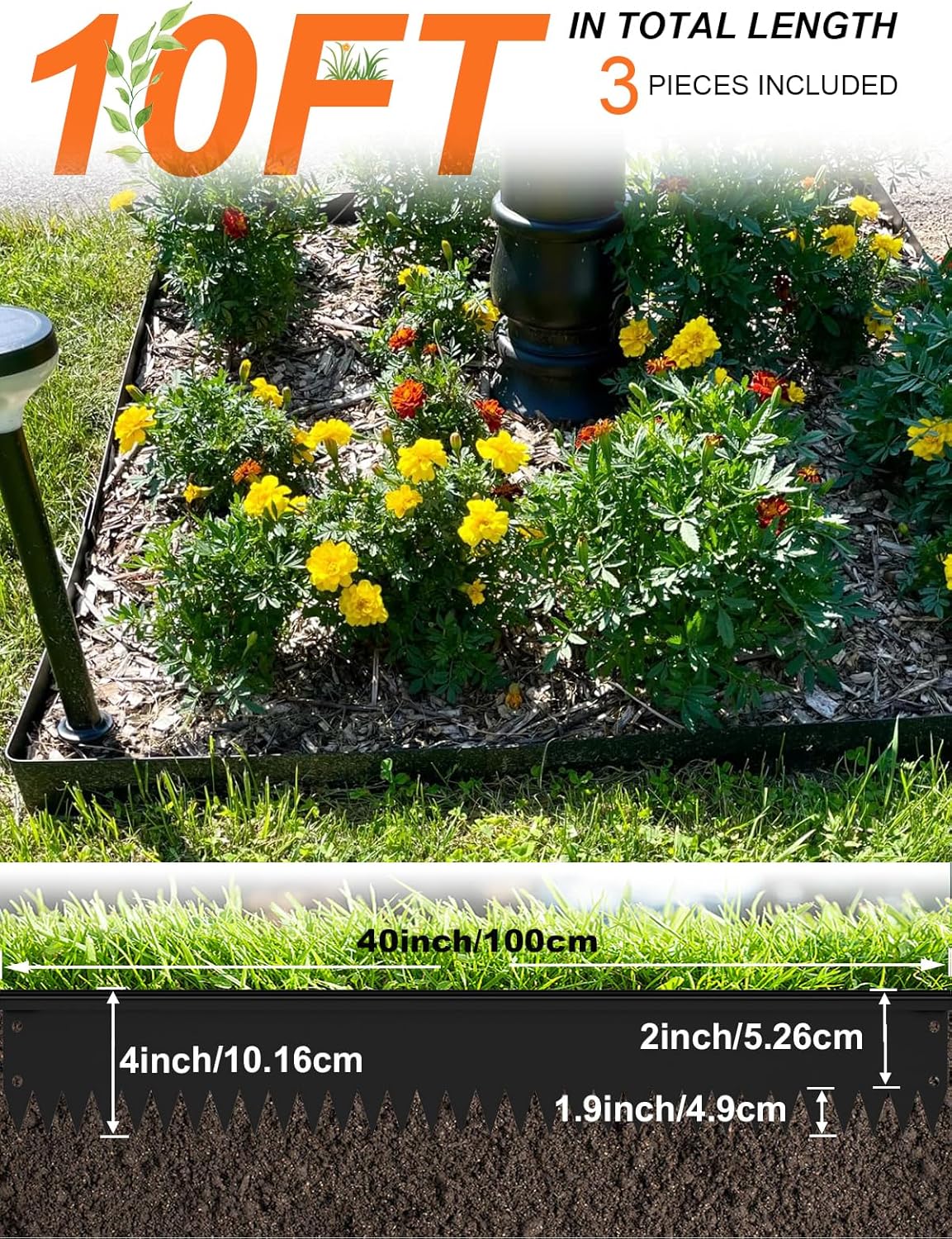 Vinci Landscape Edging Border, 40" L x 4" H 3Pack 10FT Total Black Galvanized Steel Garden Edging with Spikes, Sturdy Elegant Metal Lawn Broder for Flower Beds, Pathways, Paver Edges and Yard