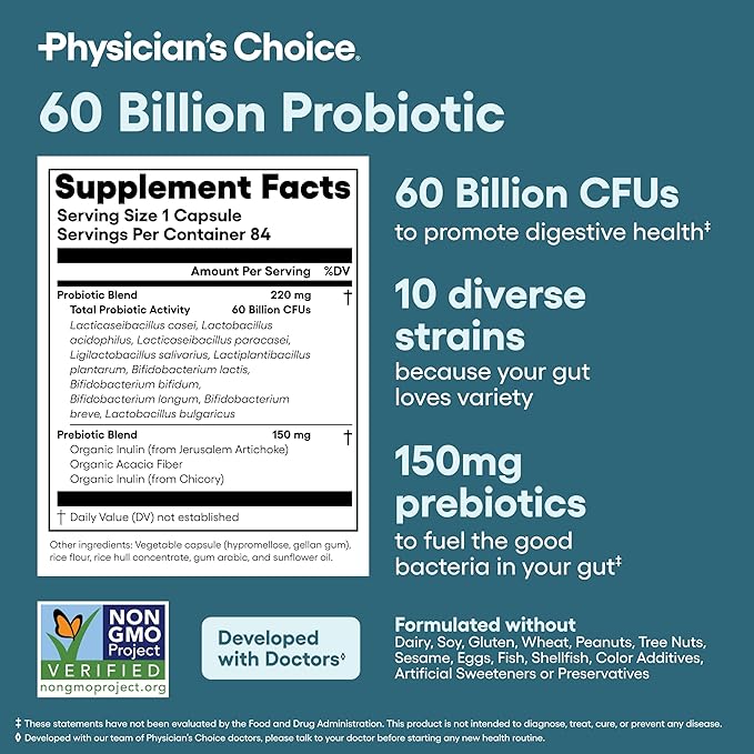Physician's CHOICE Probiotics 60 Billion CFU - 10 Strains + Organic Prebiotics - Immune, Digestive & Gut Health - Supports Occasional Constipation, Diarrhea, Gas & Bloating - for Women & Men - 84ct